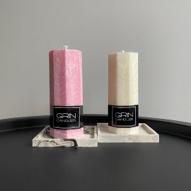 Rožinė/balta žvakių rinkinys "Gintaras ir dūminė mediena"