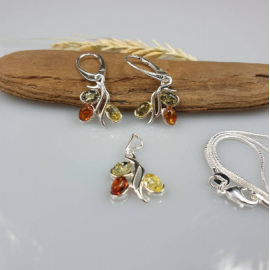 Papuošalų rinkinys. Gintariniai auskarai ir pakabukas, Sidabras 925. Gintaro papuošalų komplektas. 