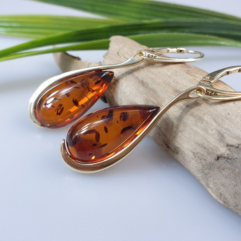 Auskarai auksiniai su gintaru. Lašai . Dovana mamai. Dovana Jai