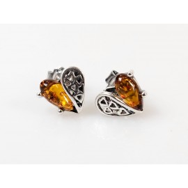 auskarai vinukai prie ausies širdelės rudas gintaras sidabras 925