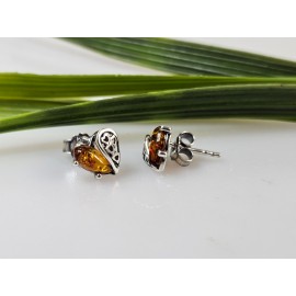 auskarai vinukai prie ausies širdelės rudas gintaras sidabras 925
