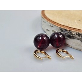 Raudono gintaro auskarai su auksu Prabangi dovana kalėdinė apvalūs auskarai