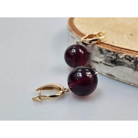 Raudono gintaro auskarai su auksu Prabangi dovana kalėdinė apvalūs auskarai