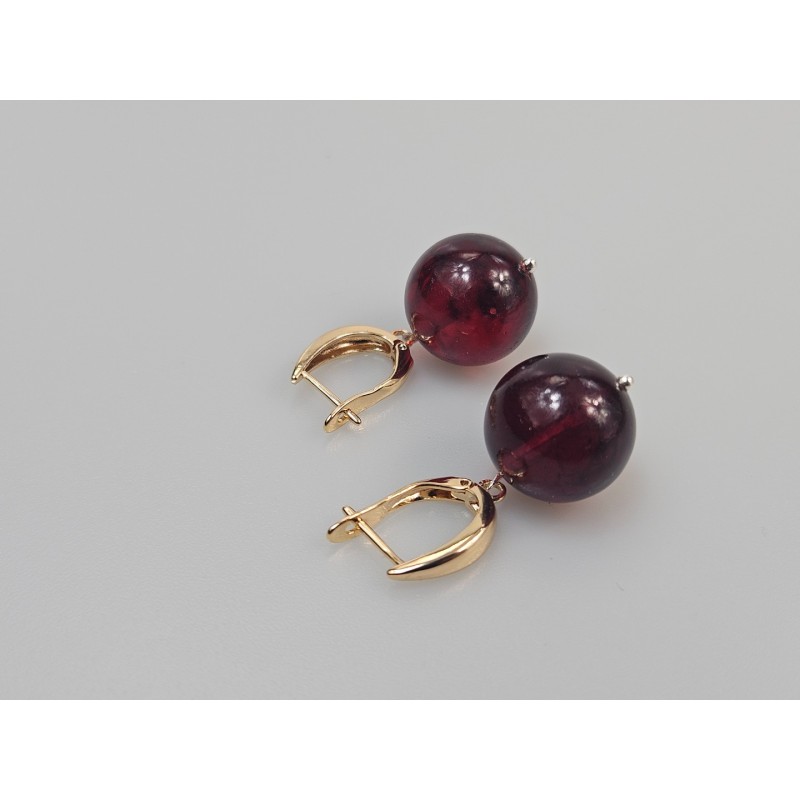 Raudono gintaro auskarai su auksu Prabangi dovana kalėdinė apvalūs auskarai