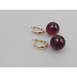 Raudono gintaro auskarai su auksu Prabangi dovana kalėdinė apvalūs auskarai