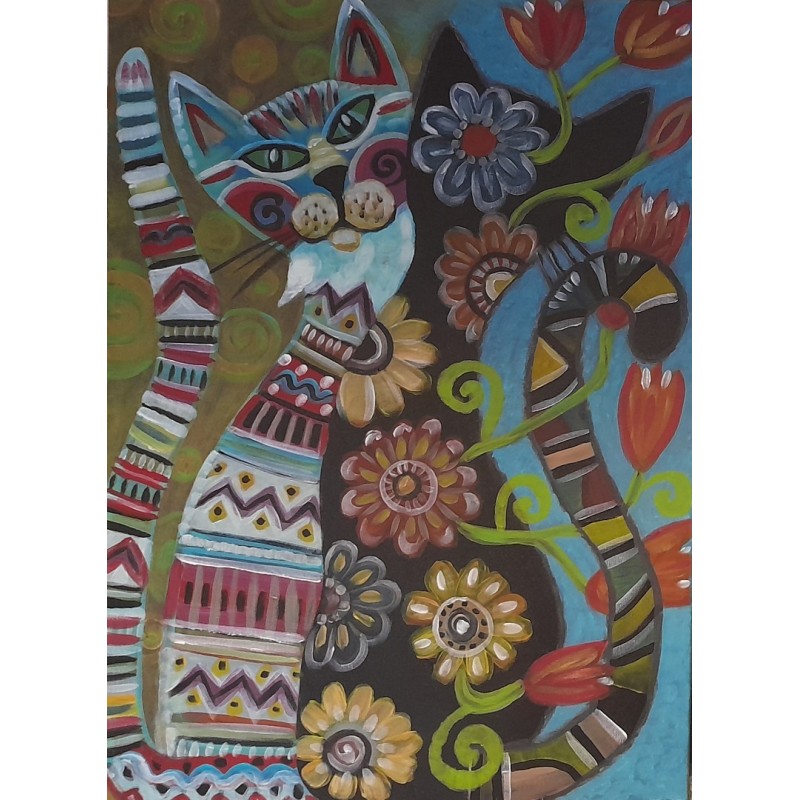 Tapytas paveikslas. Pavasaris ir katės