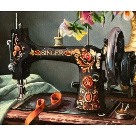 Natiurmortas "Našlaitės ir Singer siuvimo mašina"