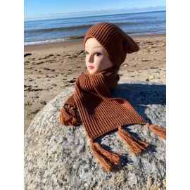 Alpakos, vilnos ir šilko komplektas. Kepurė ir šalikas karamelės spalvos