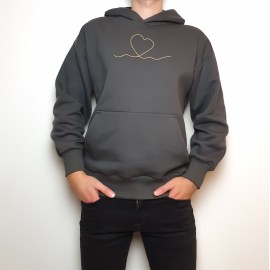 Unisex oversize tamsios samanos džemperis auksiniu širdies logo S-M dydis