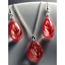 Komplektukas Red Albo - pakabukas ir auskarai su baltomis šakelėmis šakelėmis