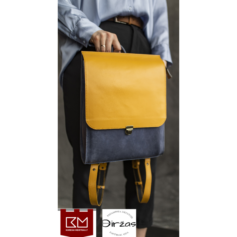 Geltona ir mėlyna maža odinė kuprinė moterims Geltona ir mėlyna maža odinė kuprinė moterims