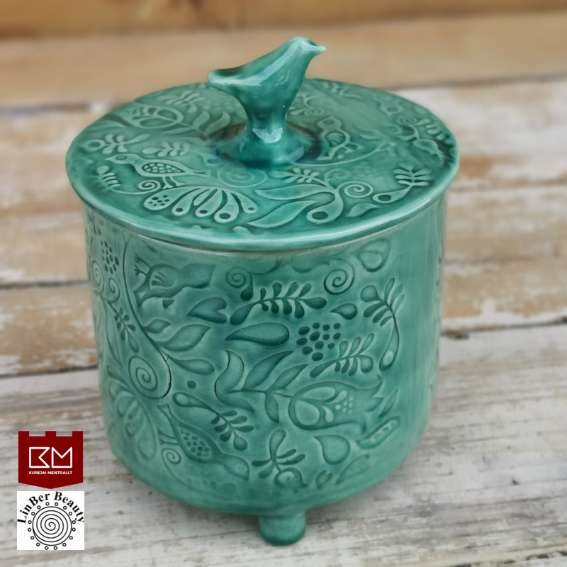 Keramikos dėžutė su paukšteliu vandens žalia