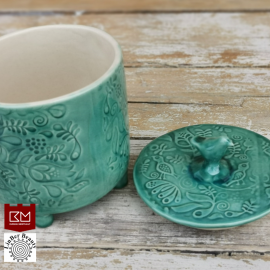 Keramikos dėžutė su paukšteliu vandens žalia